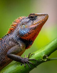 Fototapeta premium A vibrant lizard with orange and blue details perched on a green stem, with a blurred green background