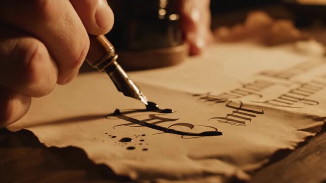 Close up of hand writing with a quill pen on old parchment paper.