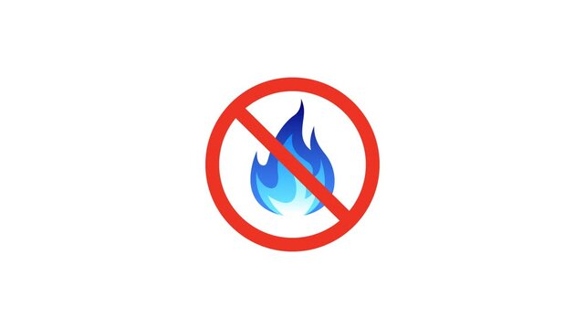 4K animation of No Fire Prohibition Sign With Blue Flame Icon And Red Circle Slash For Safety.