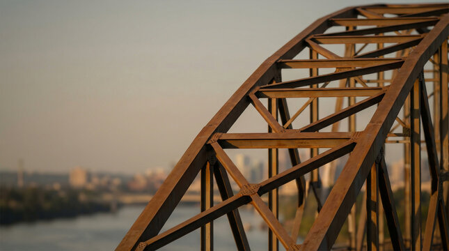 Rusty steel truss bridge arch detail at golden sunset with city skyline in background
