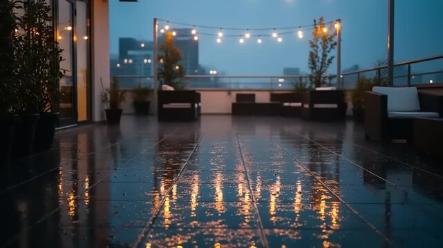 Rooftop patio with string lights and reflections on wet floor at dusk.