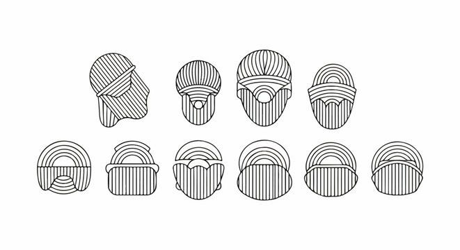 Abstract line art depicts a variety of stylized head-like forms