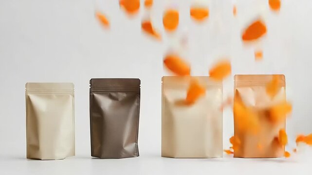 Food Pouches with Spilling Ingredients on White.