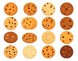 Fototapeta premium Sixteen assorted cartoon cookies with chocolate chips and varied textures