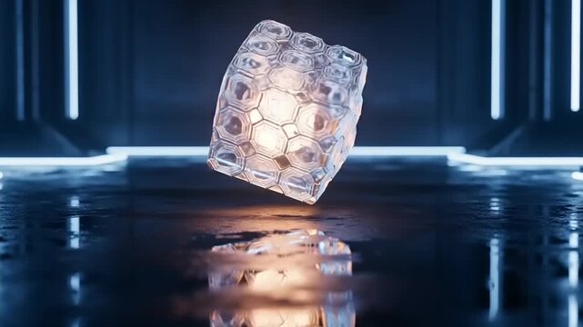 Glowing Crystal Cube Rotating on Reflective Surface.