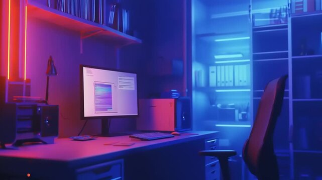 Modern home office setup with neon lights and computer screen.