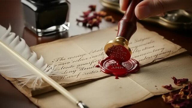 Sealing Document with Wax Stamp and Quill.