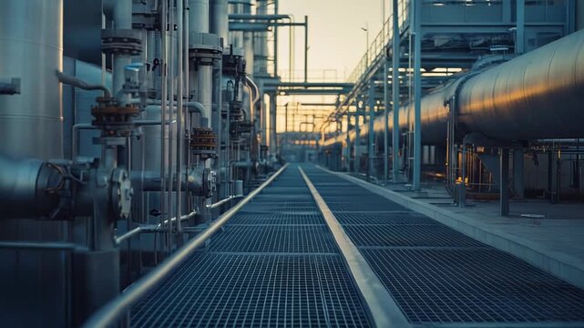 Industrial facility featuring numerous metal pipelines, valves, and a network of grating walkways, representing the infrastructure of an energy or chemical plant during late afternoon light