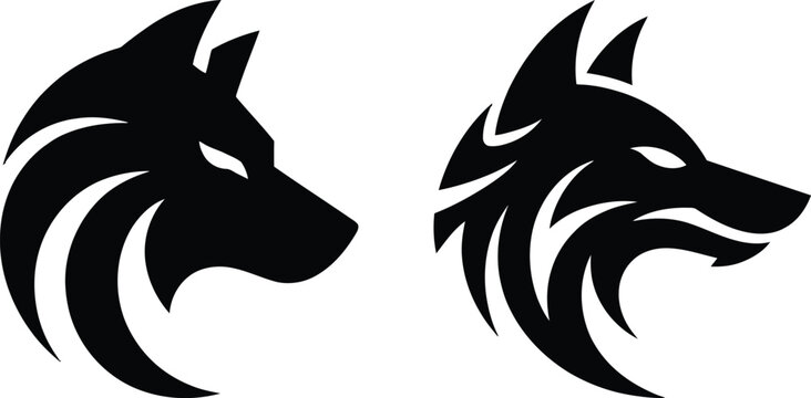 Two black wolf heads facing each other in profile Vector