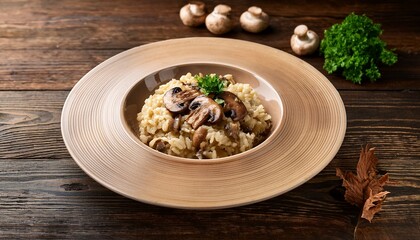 Fototapeta premium Risotto With Brown Champignon Mushrooms On Wooden Background