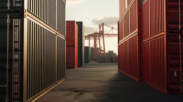 Shipping containers stacked in neat rows at a busy port terminal, highlighting global trade, cargo transportation, logistics operations, and intermodal supply chain activity