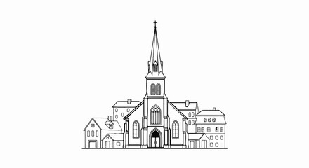 Obraz premium Black and white drawing of a church with a steeple and surrounding buildings