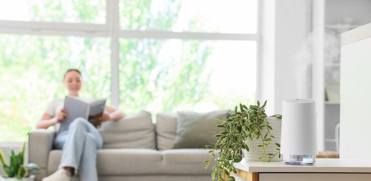 Air humidifier with plant on table against woman reading magazine in living room, closeup