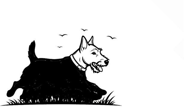 Black and white drawing of a Scottish terrier running in grass with three birds flying