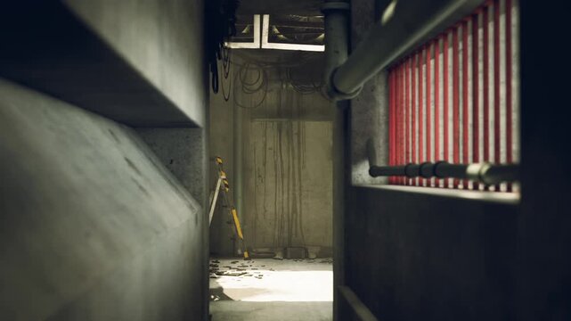 A narrow corridor within an industrial building features dark concrete walls and scattered debris, illuminated by natural light filtering through the ceiling. A solitary yellow object adds color.