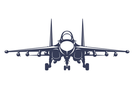 Front-facing silhouette modern aircraft SU 30. Black and white jet vector illustration in minimalist monochrome style. Russia modern combat aircraft.