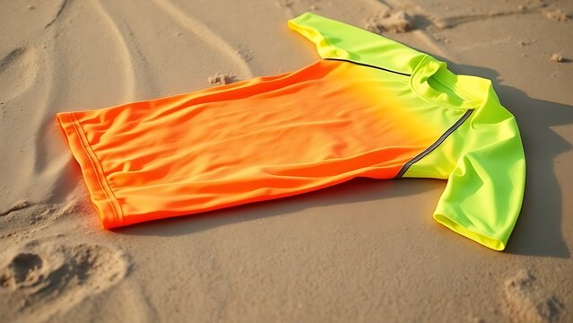 rashguard. Neon surf rashguard laid flat on wet sand, material stretched. lifestyle magazines, social media lookbooks, designed for lifestyle magazines and social media content.