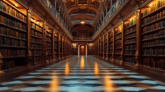 Grand Library Hallway with Tall Bookshelves and Ornate Ceiling.