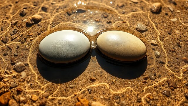 spandrel. Two smooth river stones resting on a sandy stream bed, natural textures. travel magazines, destination branding, designed for travel destination branding, used by management consultants.