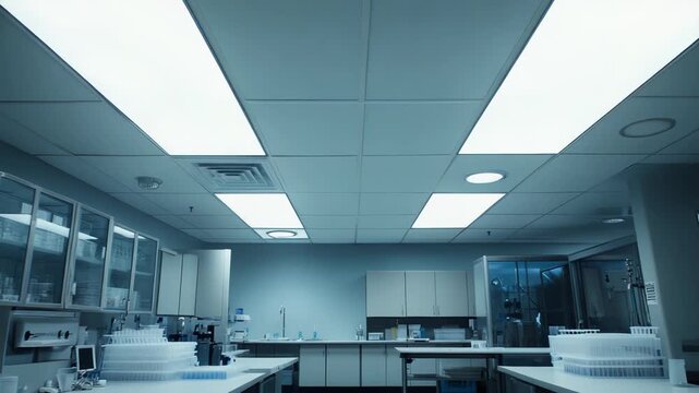 Bright, pristine laboratory interior with white countertops, glassware and test tubes neatly arranged, sterile, well lit workspace for medical, biotech and clinical research