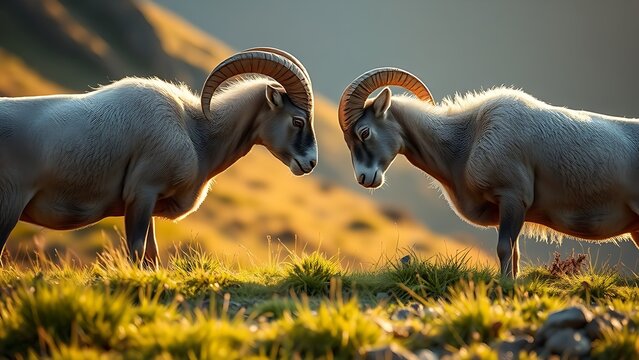 contenders. Two rams facing off on a grassy hillside before a clash. wildlife magazines, conservation campaigns, designed for wildlife conservation campaigns, used by government communicators.