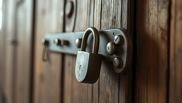 plurality. Rusted iron hasp and padlock secured to an old wooden warehouse door. real-estate listings, architecture portfolios, designed for real-estate listing and luxury residence showcases.