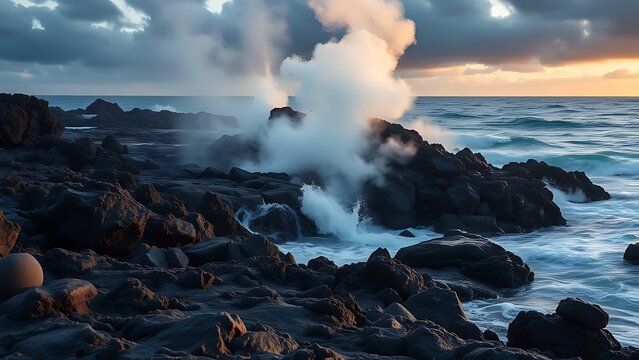 meson. Lava meeting ocean, forming black volcanic rock with rising steam at sunset. inspiring travel planning, travel magazines, designed for travel destination branding, used by nutritionists.