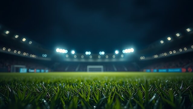 midfield. Nighttime football field with dew reflecting stadium lights. event key visuals, club posters, designed for fitness apps and gym onboarding, used by fitness trainers, supports training.