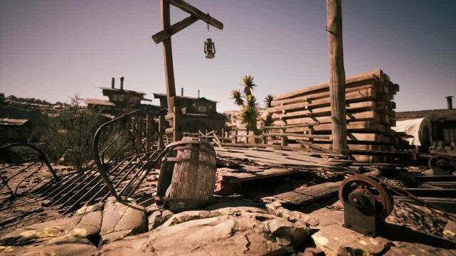 An abandoned mining town showcases dilapidated wooden buildings and scattered debris under a clear blue sky. Cacti and rocks add to the arid landscape, highlighting the desert environment.
