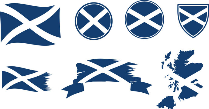 Set of scottish flag icons, badges, banner, and map outline in vector style flag