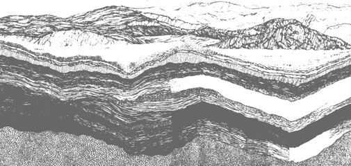 Obraz premium Detailed cross section of geological strata showing layers of rock and sediment in a monochromatic style