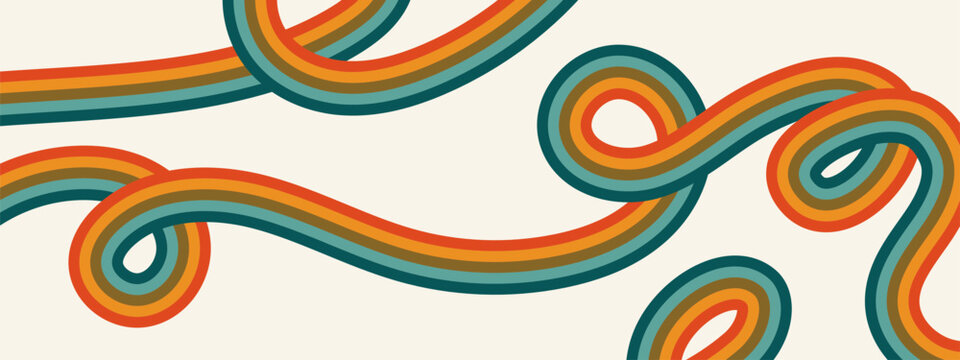 60s groovy background. Abstract wavy rainbow stripes pattern with colorful lines.