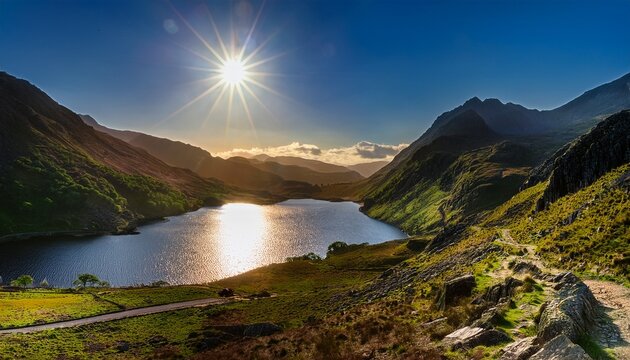 The Sun Shining Through A Mountain Pass Over Llyn Gwynant Snowdonia Eryri Wales Cymru Uk