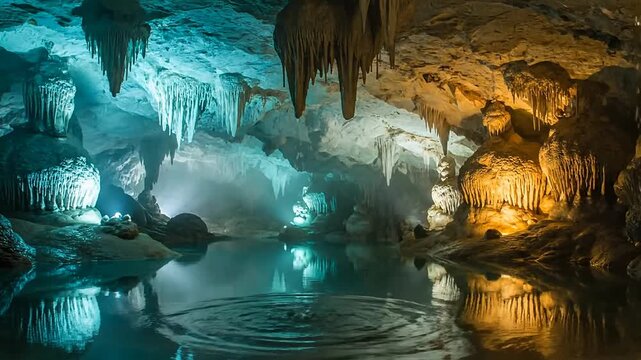 A natural ice cave tucked deep inside a rocky mountain canyon features a flowing waterfall and a serene river stream winding through the stone landscape