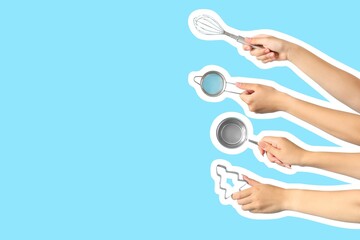 Fototapeta premium Hands with different baking utensils on light blue background