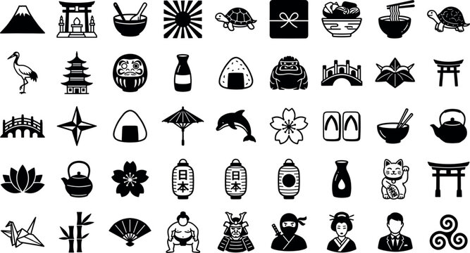 Japanese Culture Icon Set Featuring Traditional Symbols of Sumo Ninja Geisha Torii Gate Mt Fuji and Sushi for Travel Branding Asian Heritage and Tourism Design