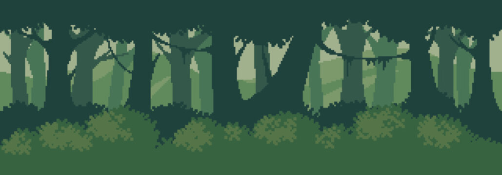 Seamless pixel art background forest with mountains. Parallax scrolling environment for 2D platformer and arcade adventure games.
