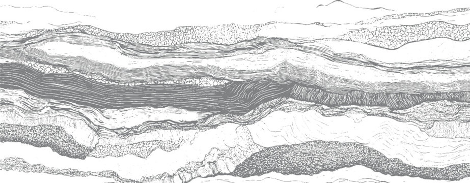 Detailed cross section of geological strata showing rock layers and sediment textures in grayscale geology