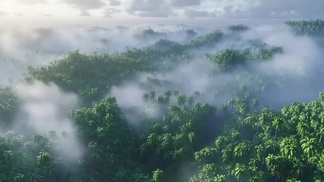 Misty Forest Canopy Aerial View Sunrise Over Lush Green Trees.