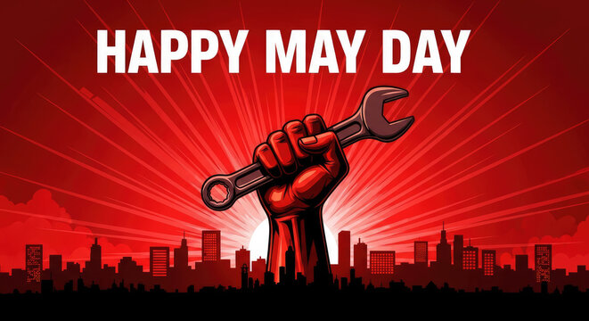 May day celebration with a raised fist holding a wrench