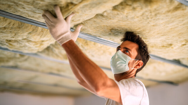 Construction worker installing mineral wool insulation ceiling. Professional wearing protective mask gloves, thermal insulation installation, building energy efficiency renovation project work.