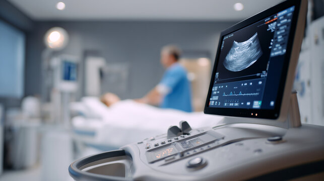 Modern ultrasound machine displaying scan image during medical examination. Hospital diagnostic room with patient and nurse. Showing advanced healthcare technology and professional medical monitoring.