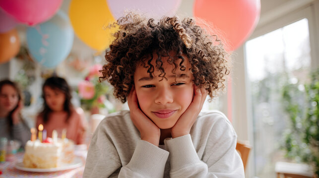 Child covering ears during birthday party, overwhelmed by noise and celebration. Curly hair kid showing sensory sensitivity, colorful balloons background. Candid moment of overstimulation.