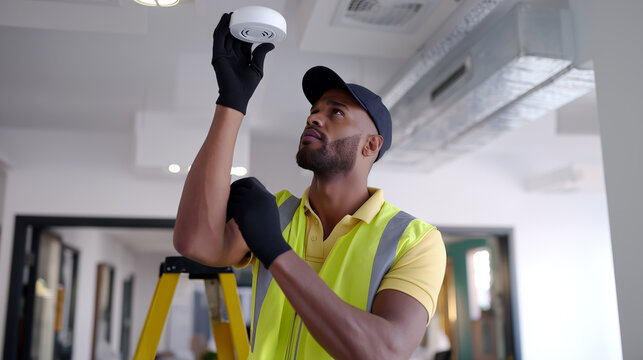 Technician safety vest installing smoke detector ceiling, fire alarm system maintenance. Professional service, building safety equipment, emergency prevention, residential protection concept.