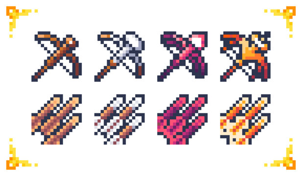 A set of pixel art crossbow and bolt icons featuring four upgrade tiers. Ideal for RPG inventory systems, ranged combat mechanics, and weapon progression assets.