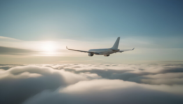 Scenic Sunset View from Passenger Plane Flying Over Cloud Blanket, Commercial Airliner High Altitude Transportation Concept, Stock Photograph for Travel Marketing and Aviation Industry Concepts