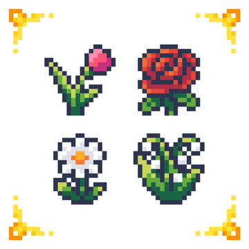A set of pixel art flower icons: tulip, rose, daisy, and lily of the valley. Ideal for RPG herbalism, alchemy crafting, and nature inventory assets.