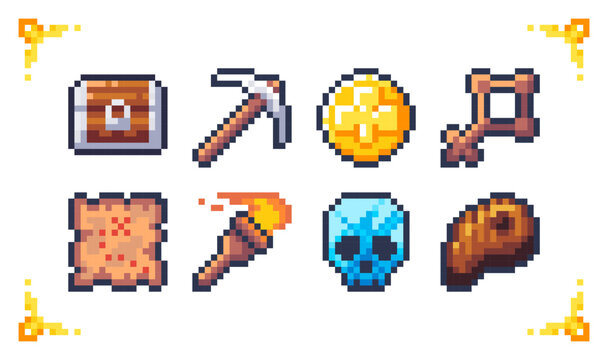 A set of pixel art cave treasure icons: crystal skull, pickaxe, chest, map, torch, and key. Ideal for mining RPG inventory, dungeon loot, and adventure UI assets.