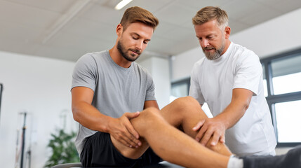 Obraz premium Physiotherapist examining patient knee during rehabilitation session. Sports injury recovery, physical therapy, leg assessment, professional treatment, fitness center, healing process, medical care.