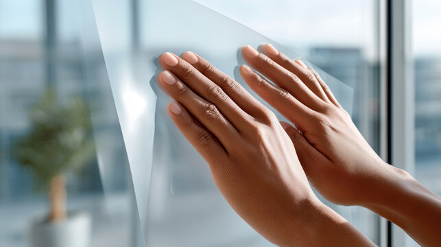 Hands applying transparent UV protective film on modern office window. Close detail showing careful solar coating installation process for energy efficient building protection.